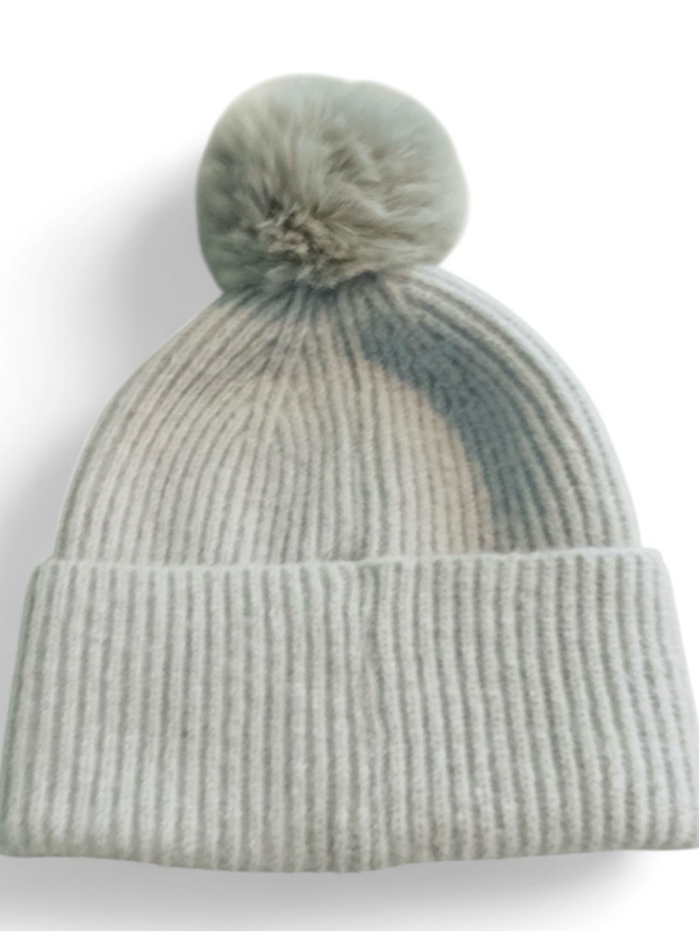 Nine West Women's Gray Ribbed Knit Beanie Winter Hat Faux Fur Pom Pom Cuffed